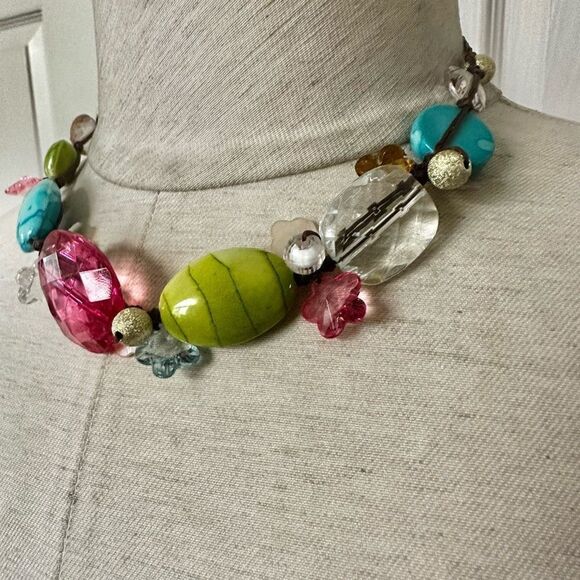 Colorful beaded necklace on brown cord - Picture 2 of 7